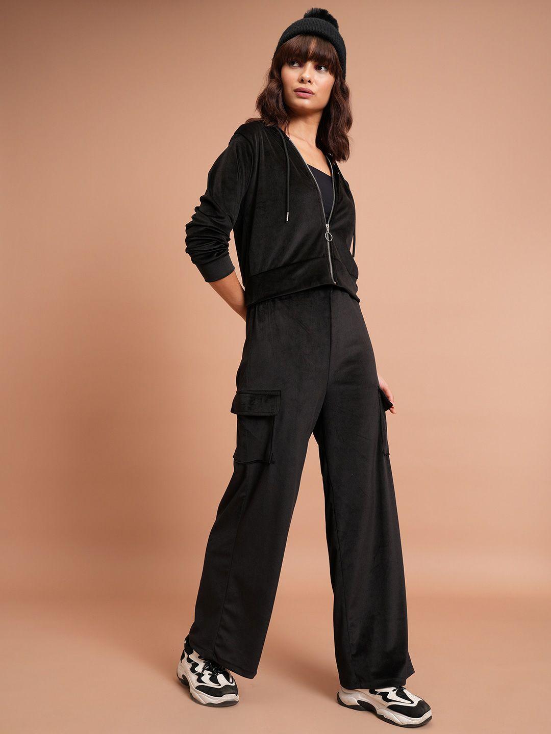 tokyo talkies black hooded sweatshirt & flared trousers