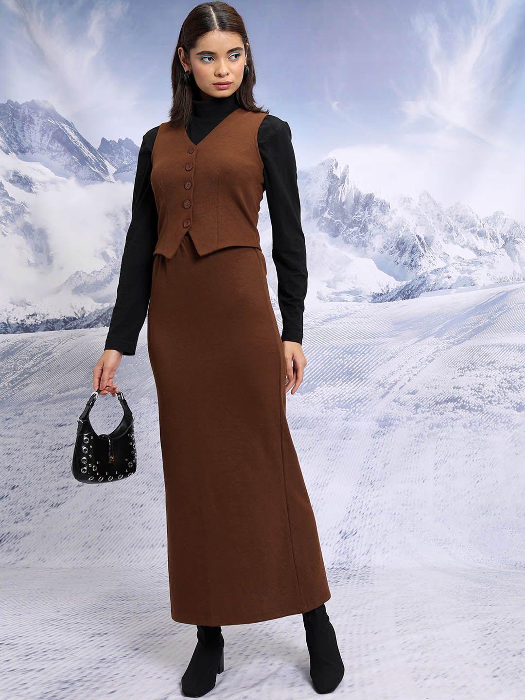 tokyo talkies brown v-neck waistcoat with maxi skirt