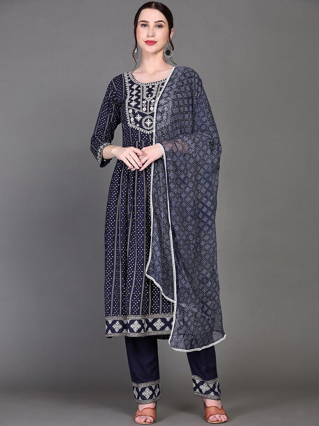 ziva fashion striped thread work high slit kurta with trouser & dupatta