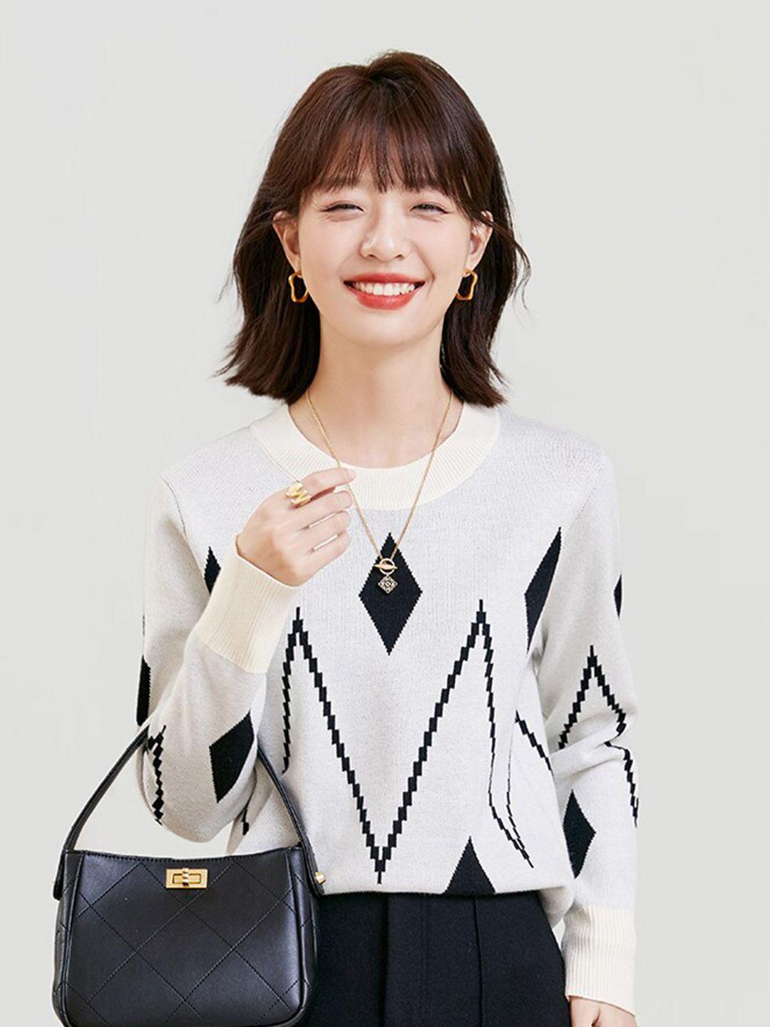 jc collection geometric printed round neck pullover sweater