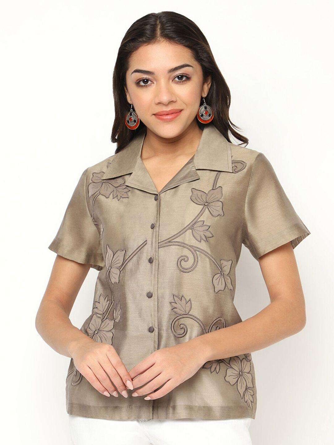 house of s floral embroidered cuban collar silk casual shirt