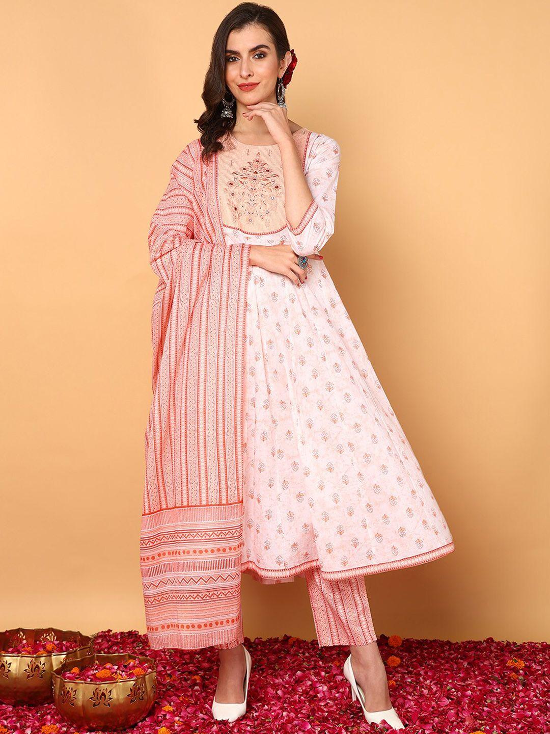 ahika floral printed thread work pure cotton kurta with trousers & dupatta