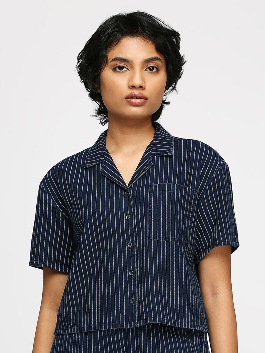 pepe jeans boxy striped cuban collar cotton crop shirt