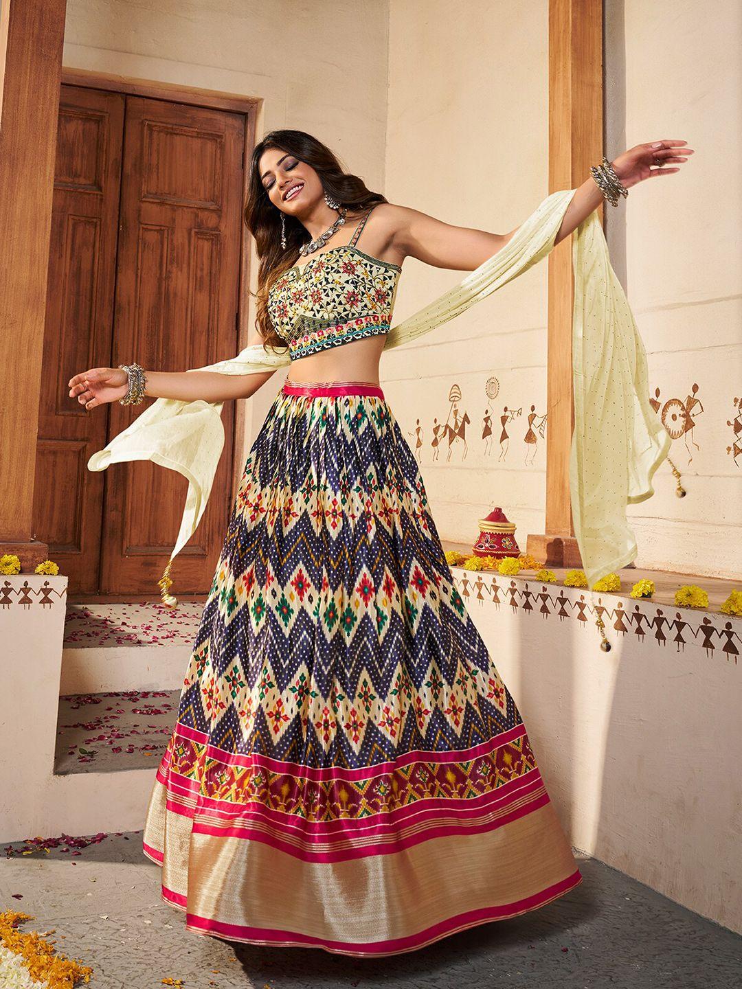 odette ethnic motifs printed semi-stitched lehenga & unstitched blouse with dupatta