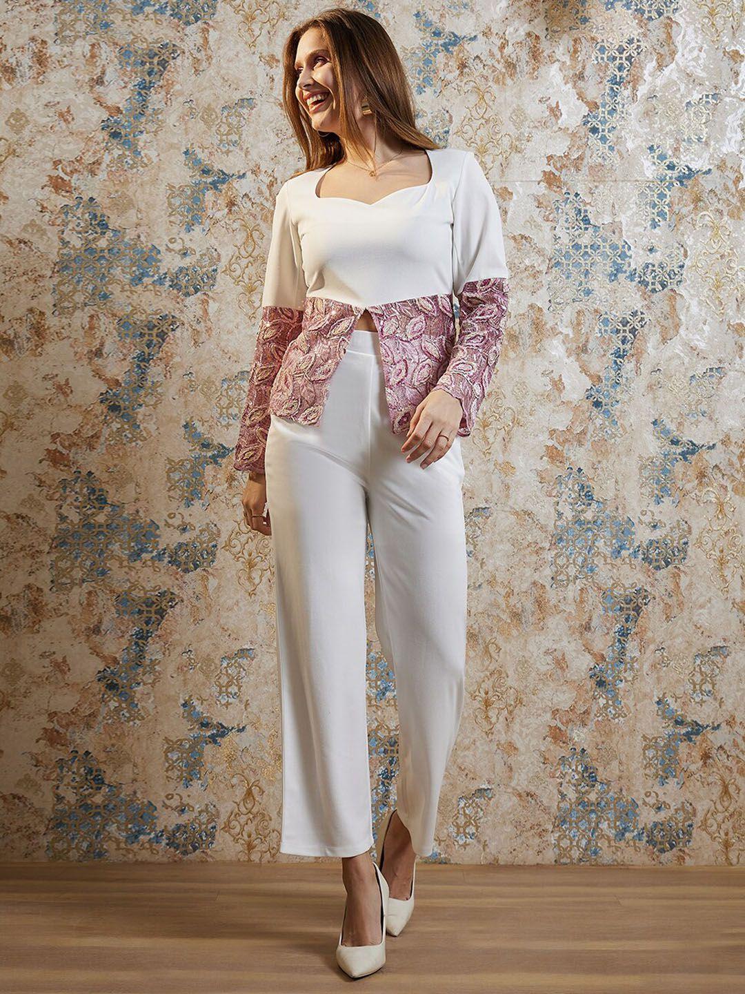 athena white self designed sweetheart neck top with trousers co-ords