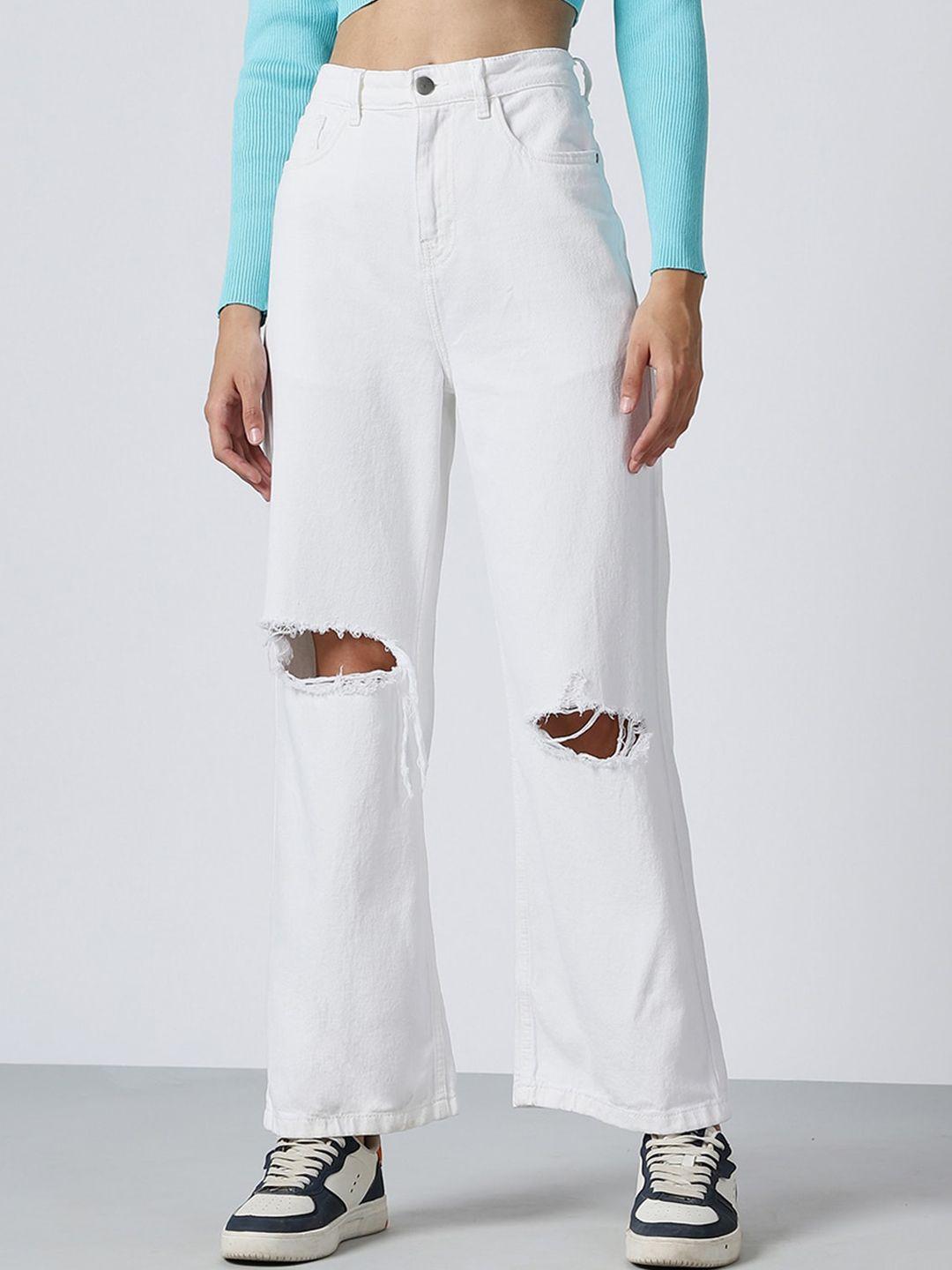 bewakoof women white straight fit slash knee cotton jeans