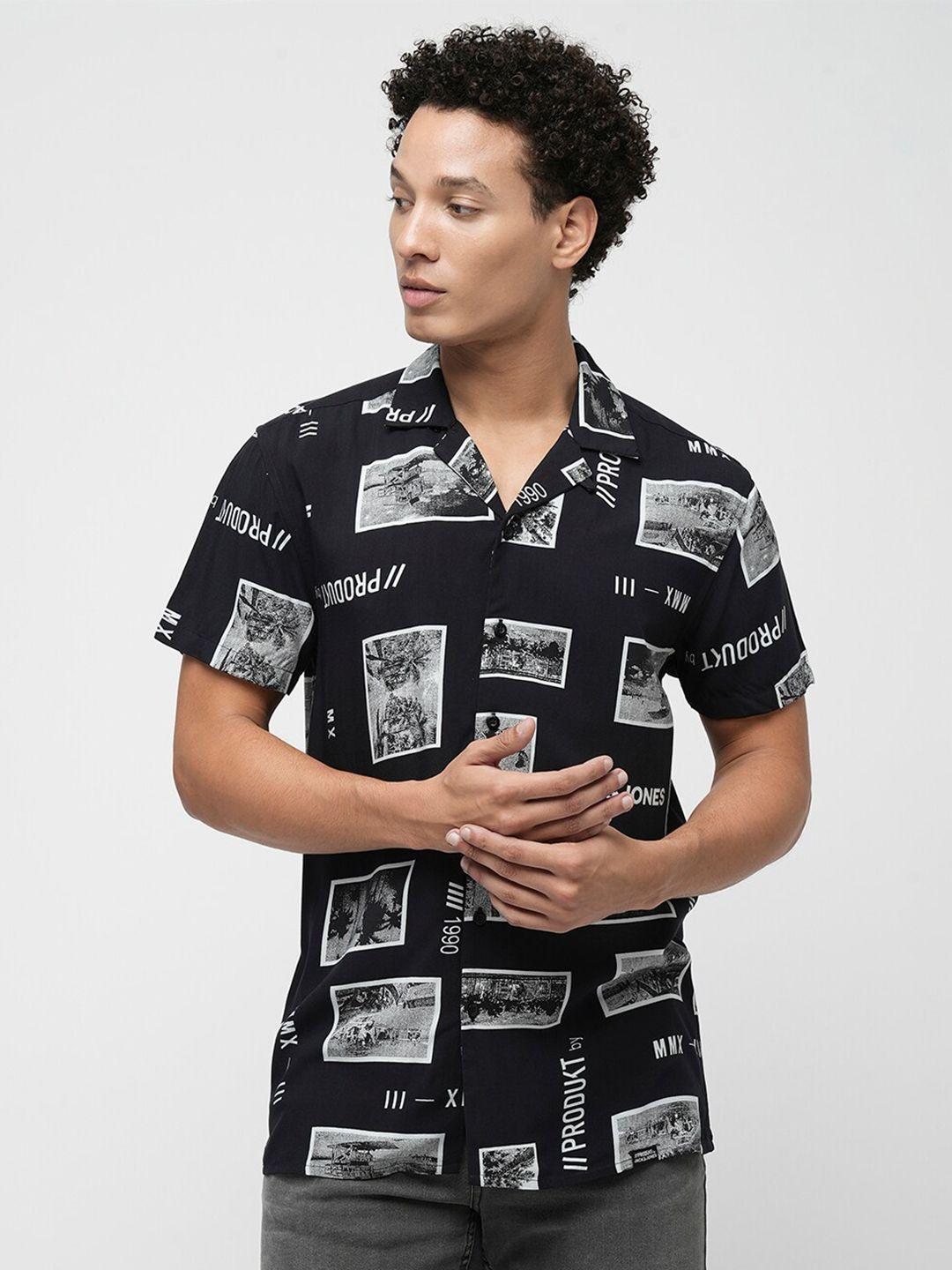 jack & jones slim fit graphic printed cuban collar casual shirt