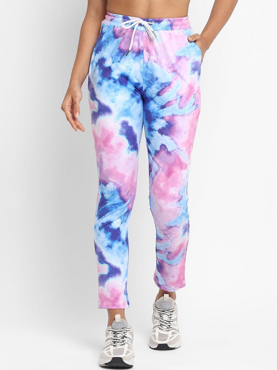 hrx by hrithik roshan women pink & blue tie & dye mid rise track pants