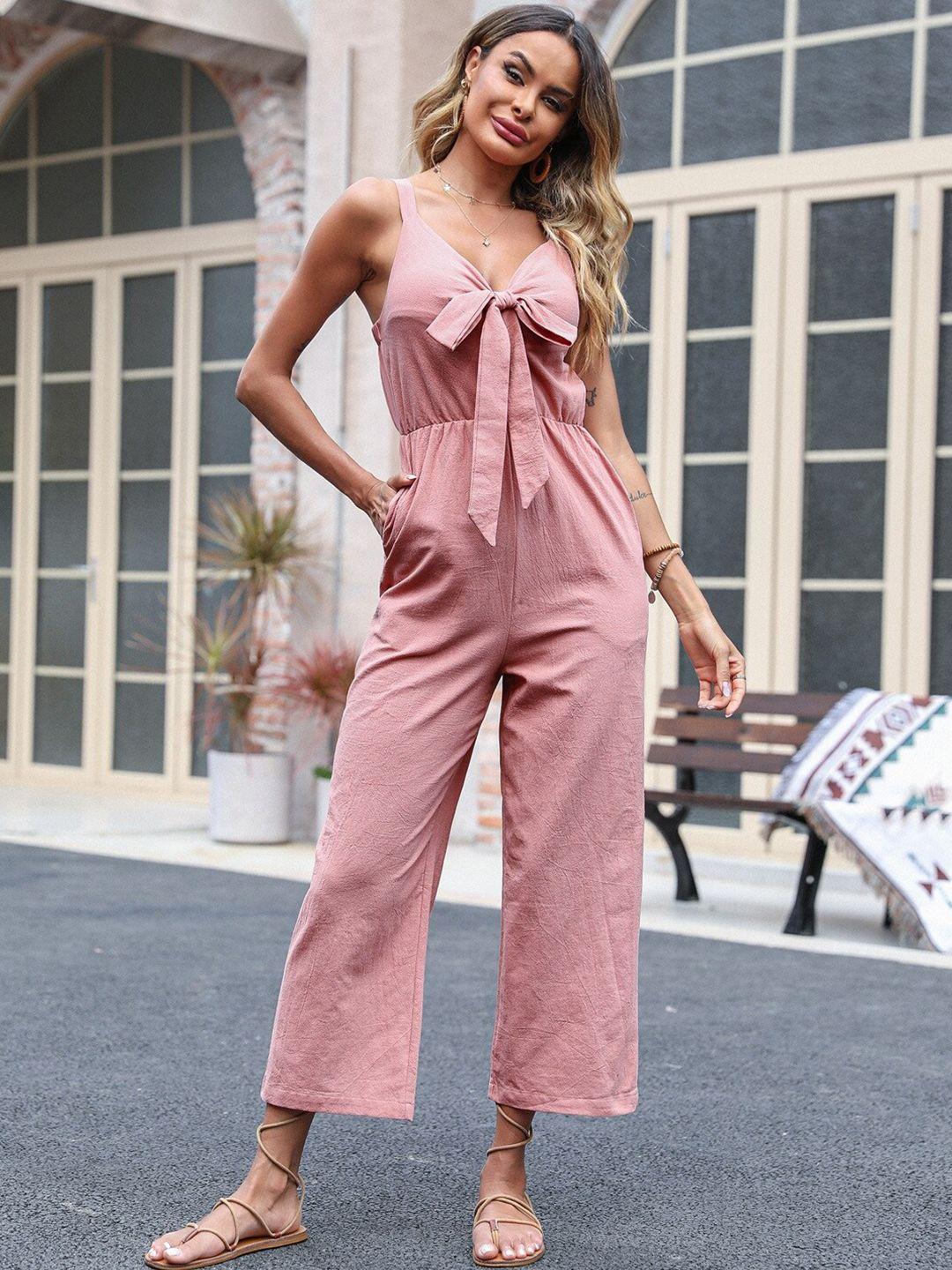 stylecast pink v-neck shoulder straps gathered bow jumpsuit