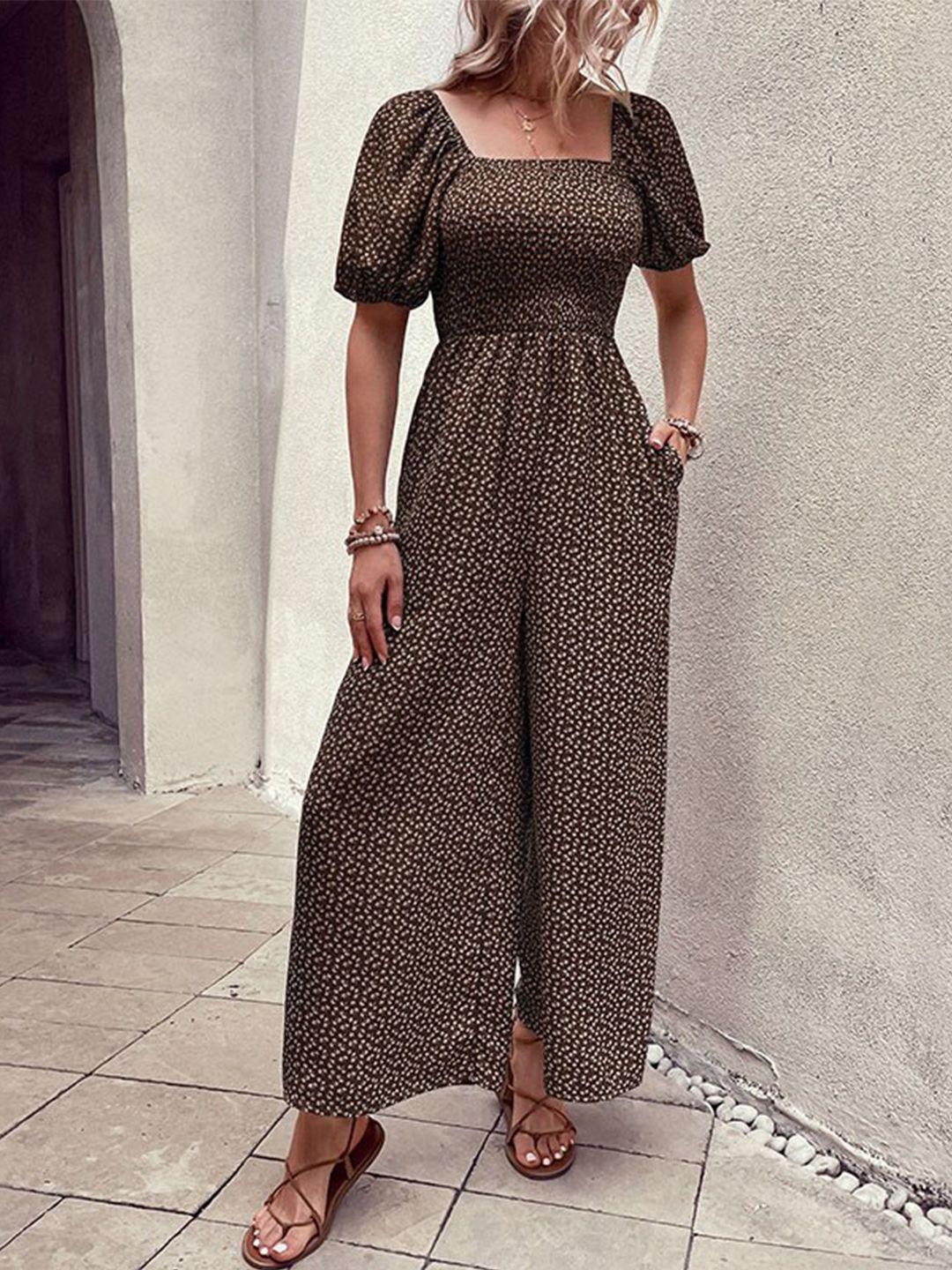 stylecast khaki floral printed square neck puff sleeve jumpsuit