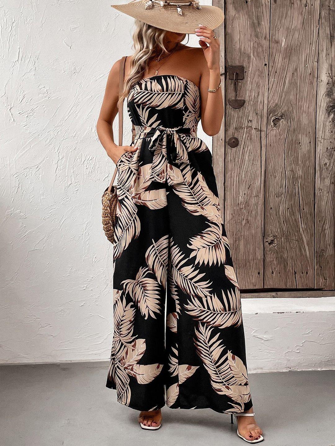 stylecast black tropical printed strapless basic jumpsuit