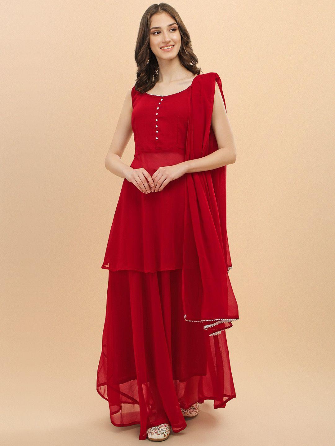 twika round neck georgette a-line kurti with sharara & dupatta