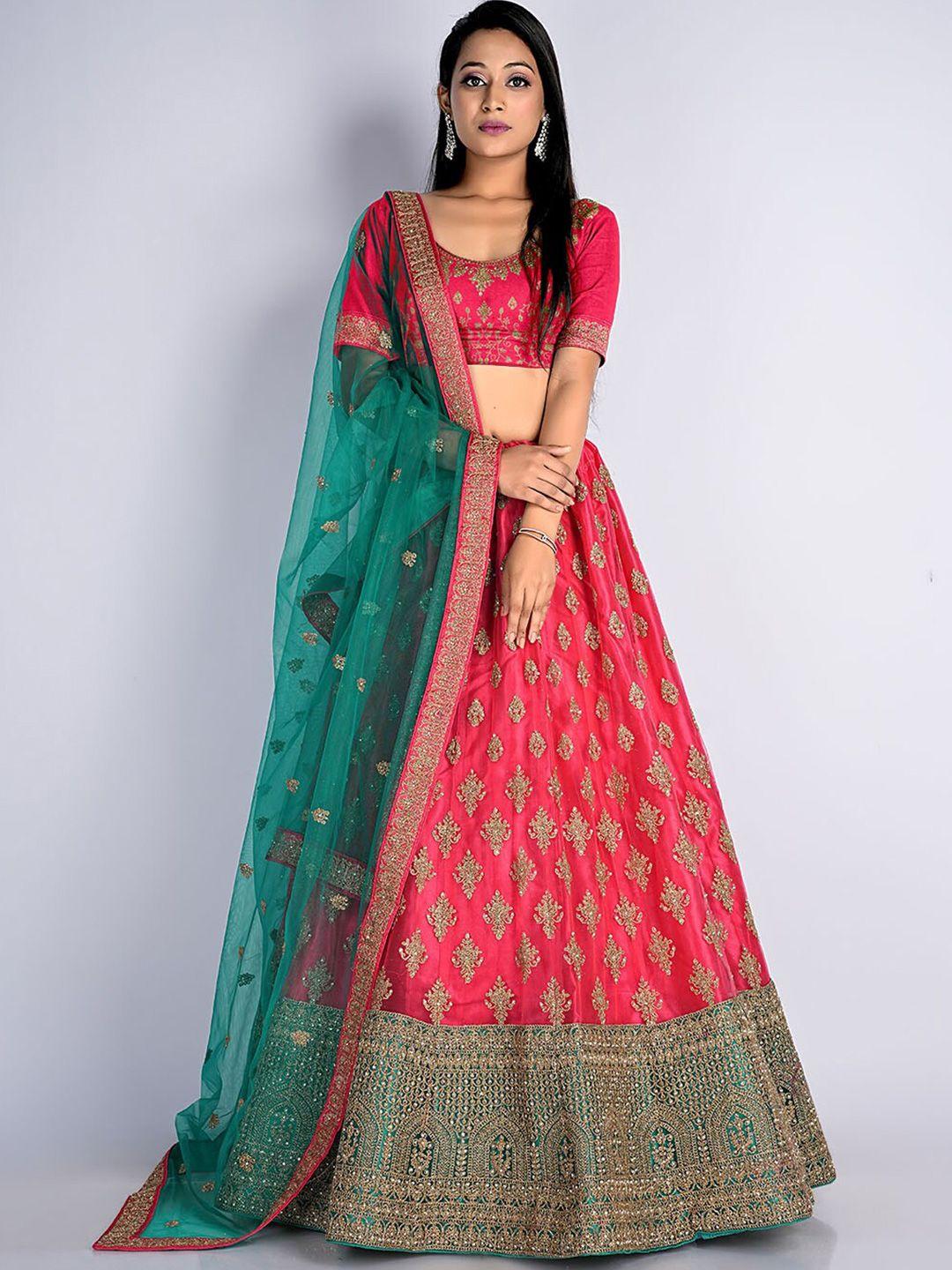 halfsaree studio red & embroidered semi-stitched lehenga & unstitched blouse with dupatta