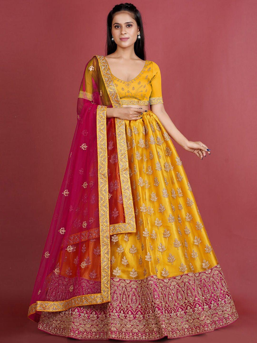 halfsaree studio mustard & embroidered semi-stitched lehenga & unstitched blouse with dupatta