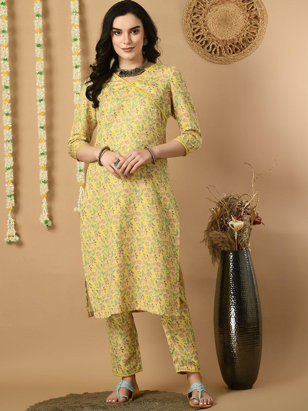 meesan floral printed v-neck regular kurta with trousers