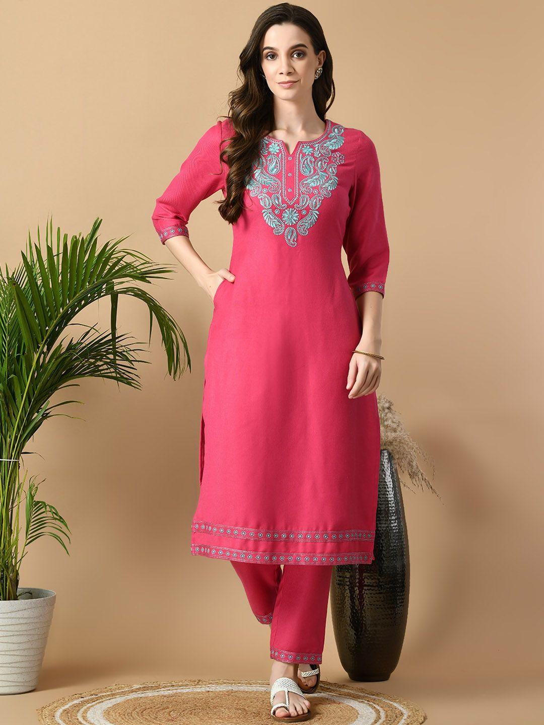 meesan paisley yoke design regular thread work kurta with trousers