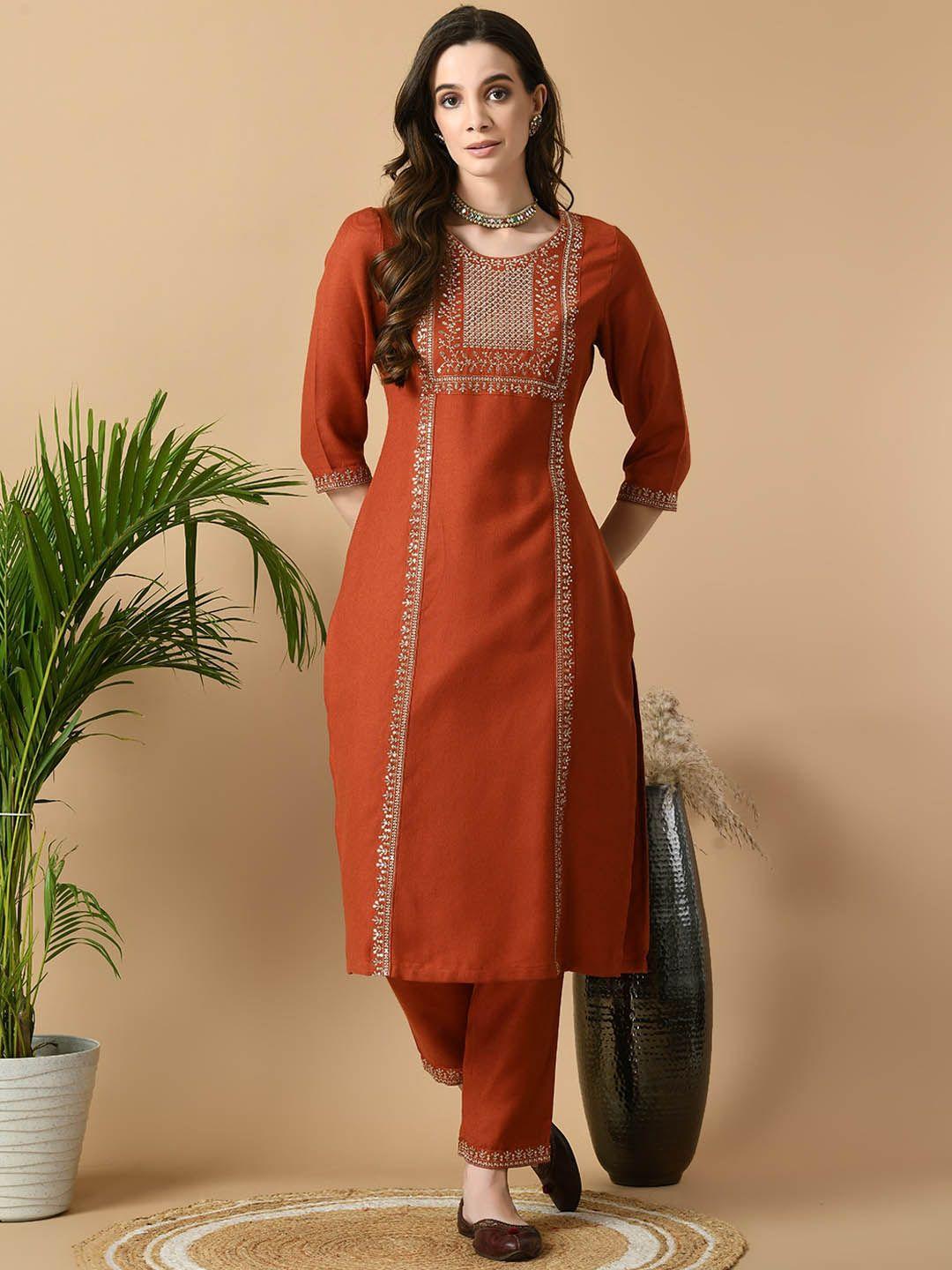 meesan floral yoke design sequinned straight kurta with trousers