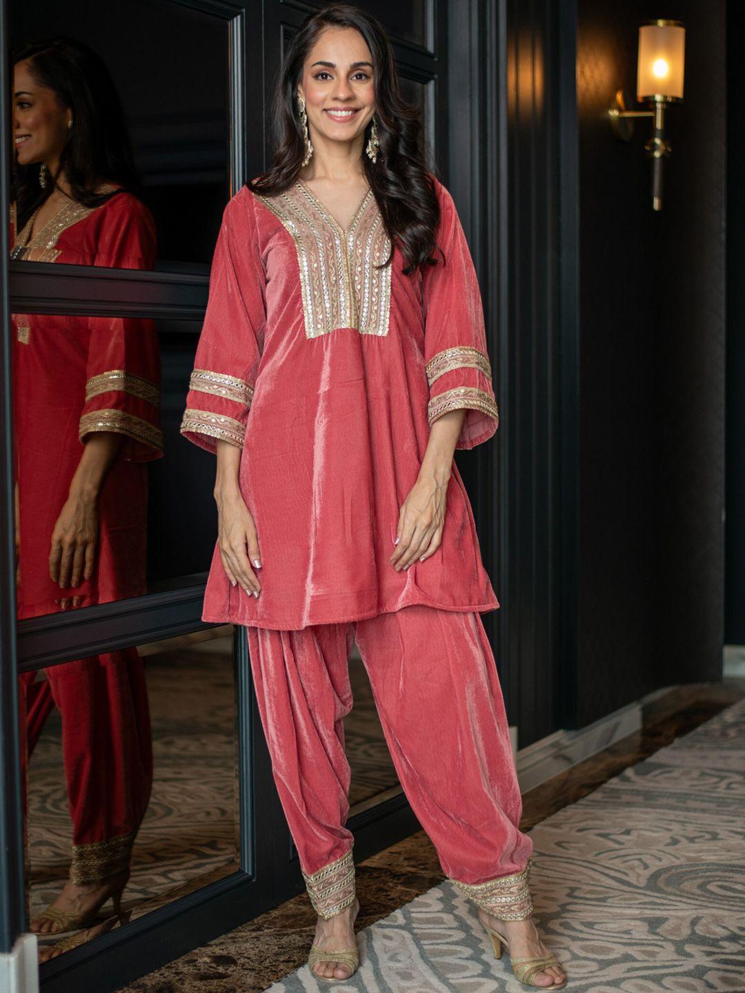 label shaurya sanadhya floral yoke designed a-line mirror work velvet kurta with salwar