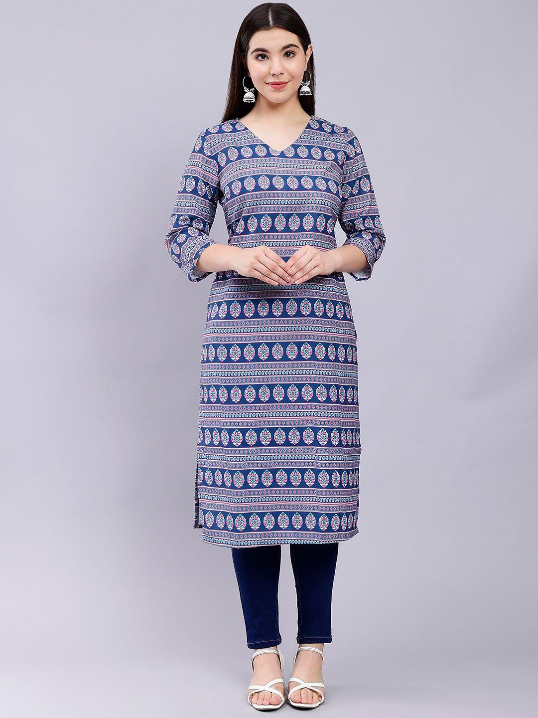 soan ethnic motifs printed v-neck indigo straight kurta