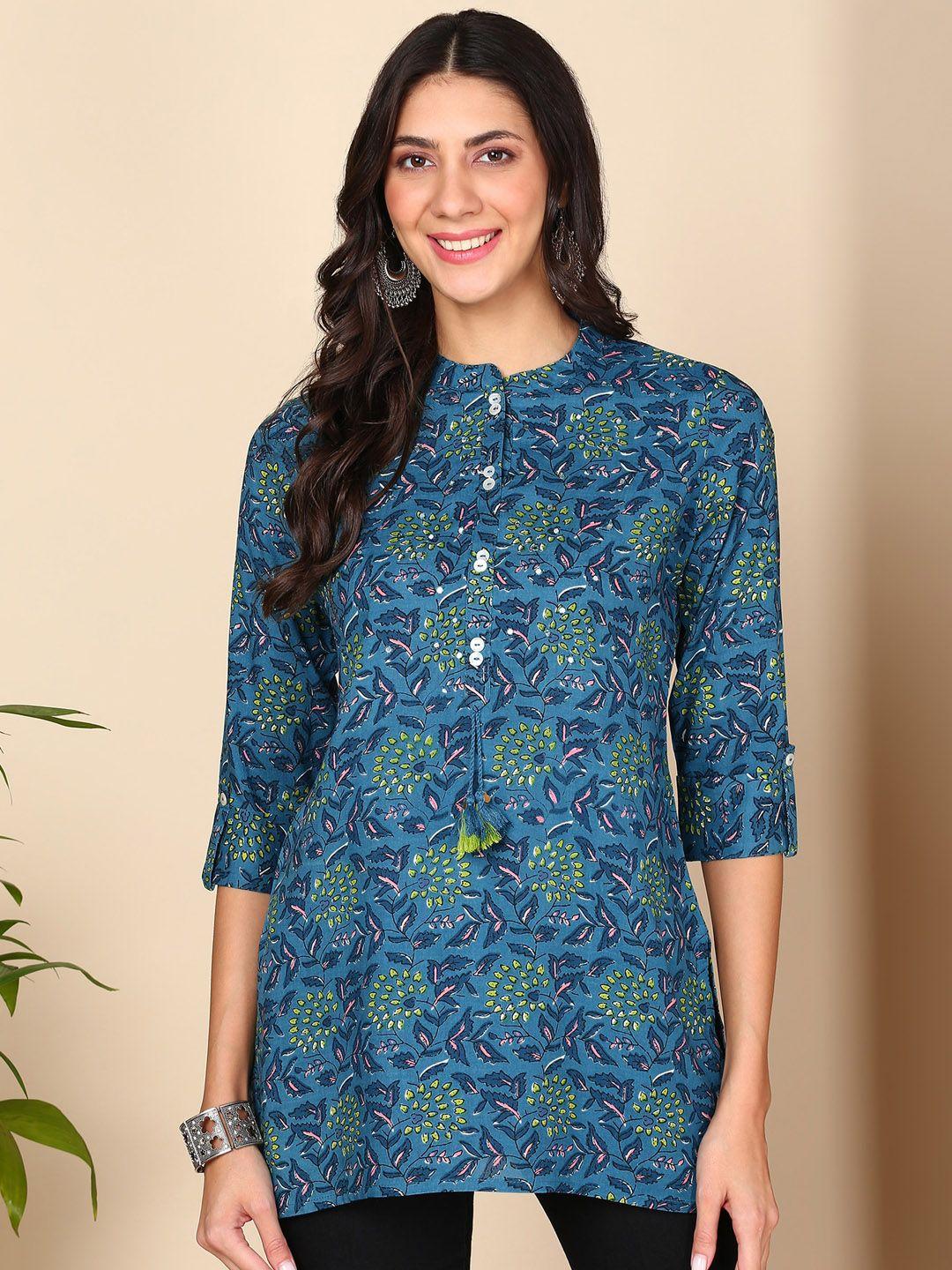 here&now floral printed mandarin collar liva kurti