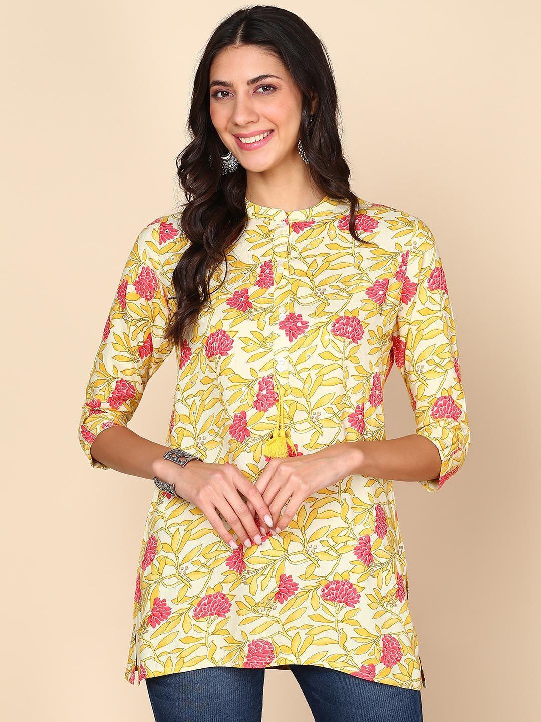 here&now floral printed mandarin collar liva kurta