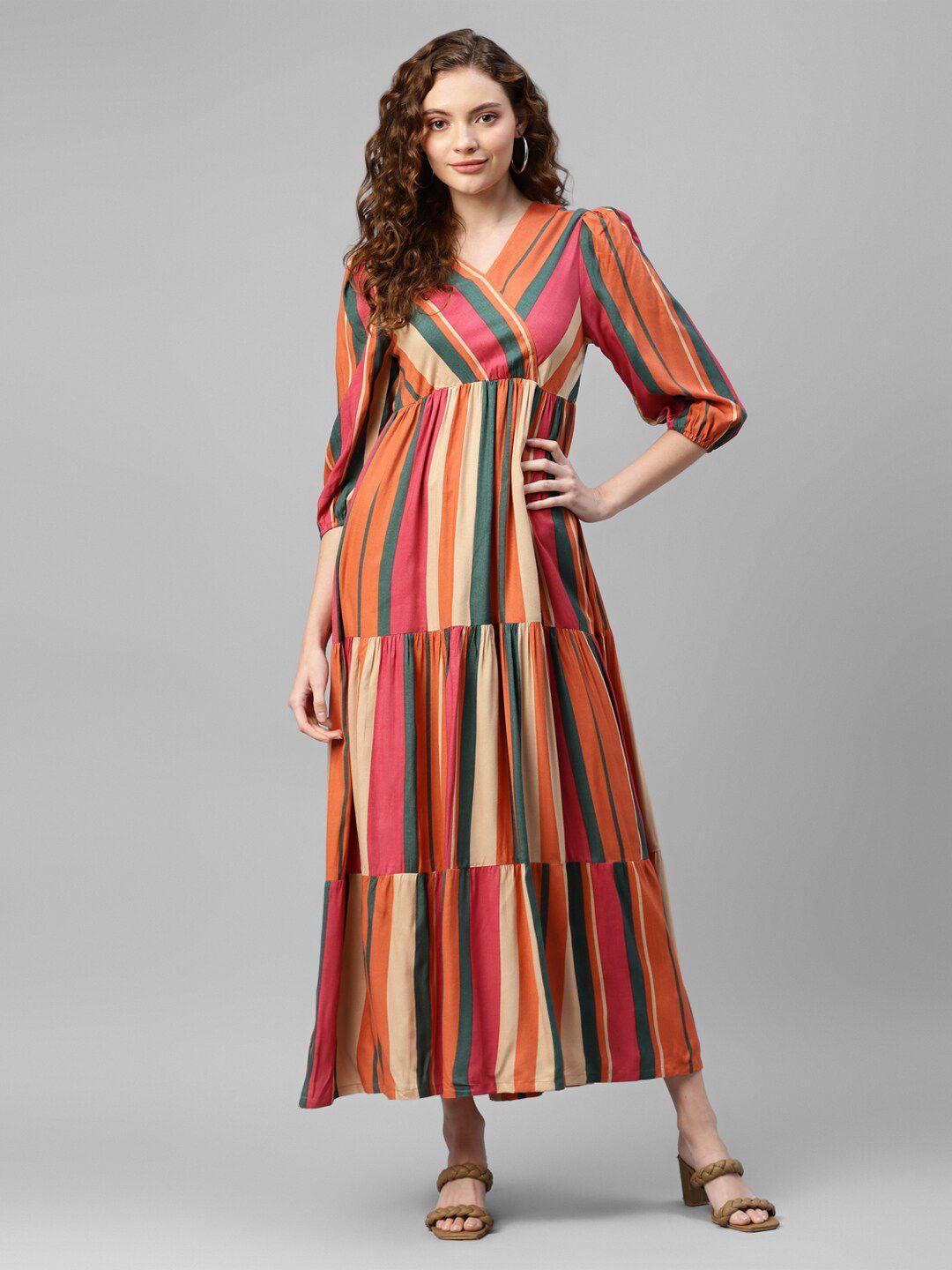 deebaco striped v-neck puff sleeve maxi dress