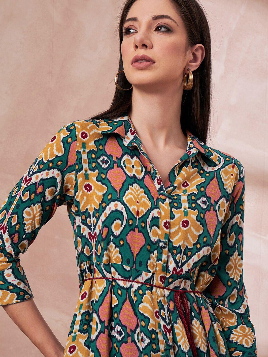 all about you green & red ethnic motifs printed liva shirt style dress