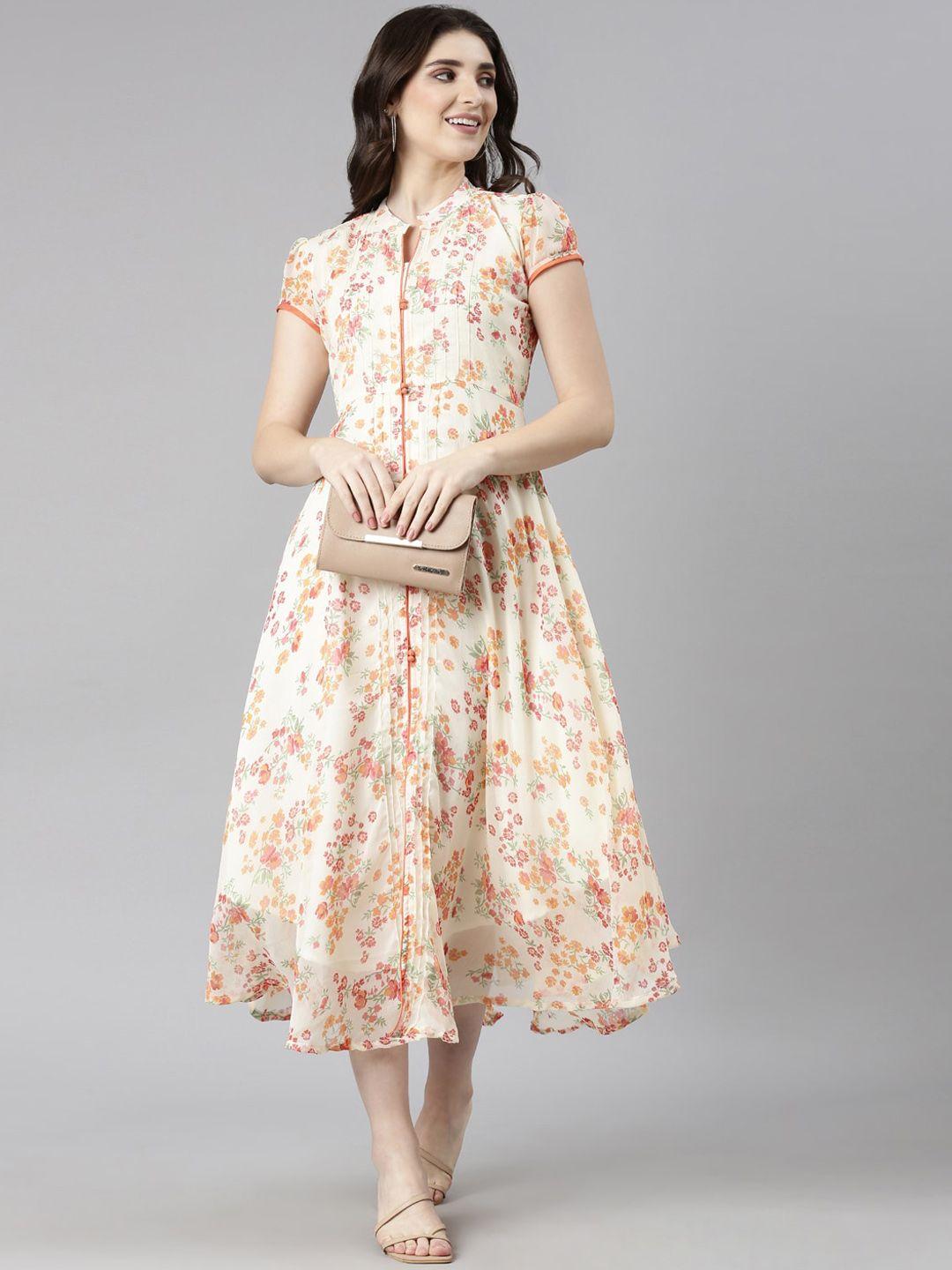 souchii floral printed mandarin collar chiffon fit and flare midi ethnic dress