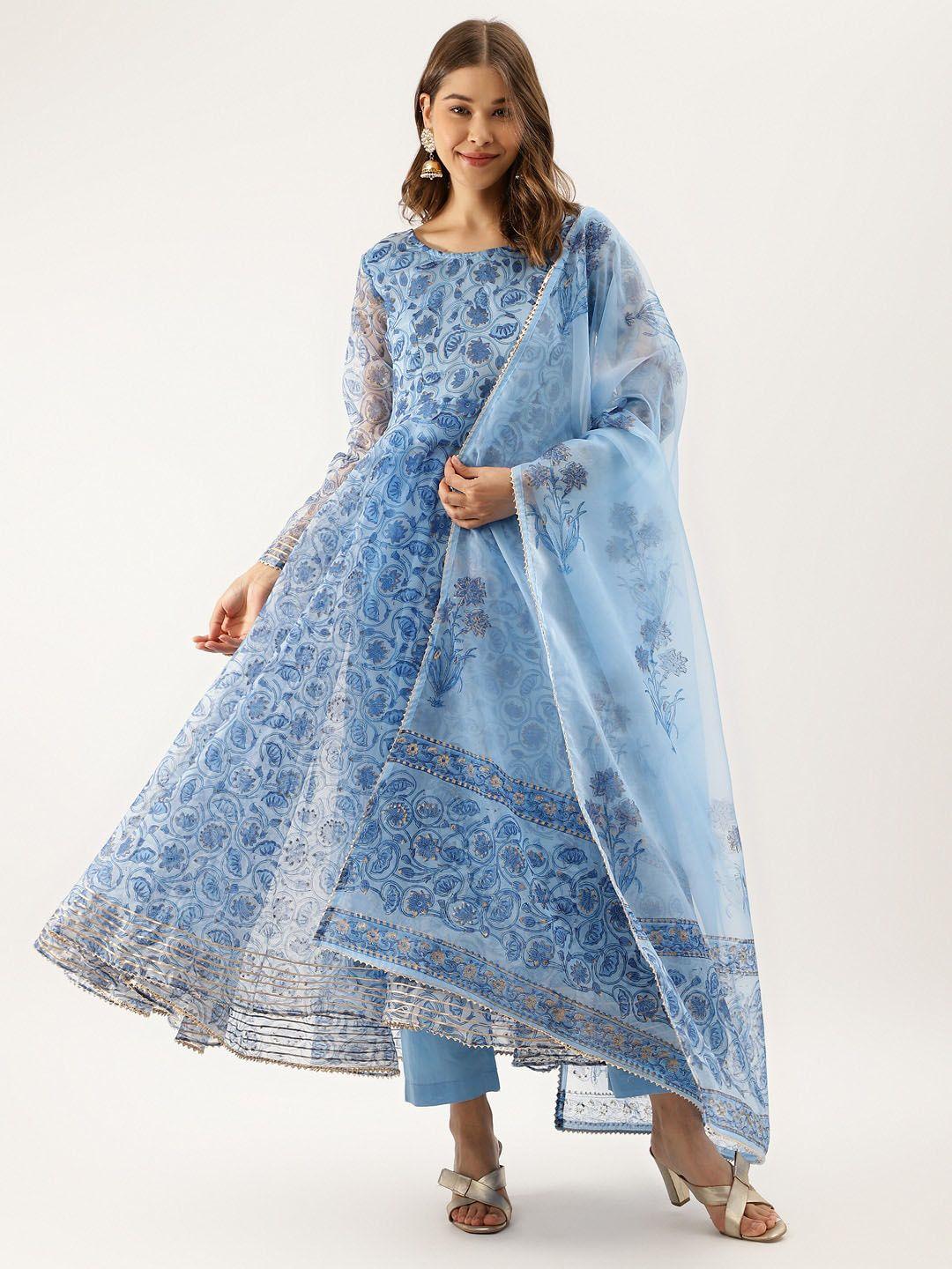 kalini floral printed gotta patti detail anarkali kurta & trousers with dupatta