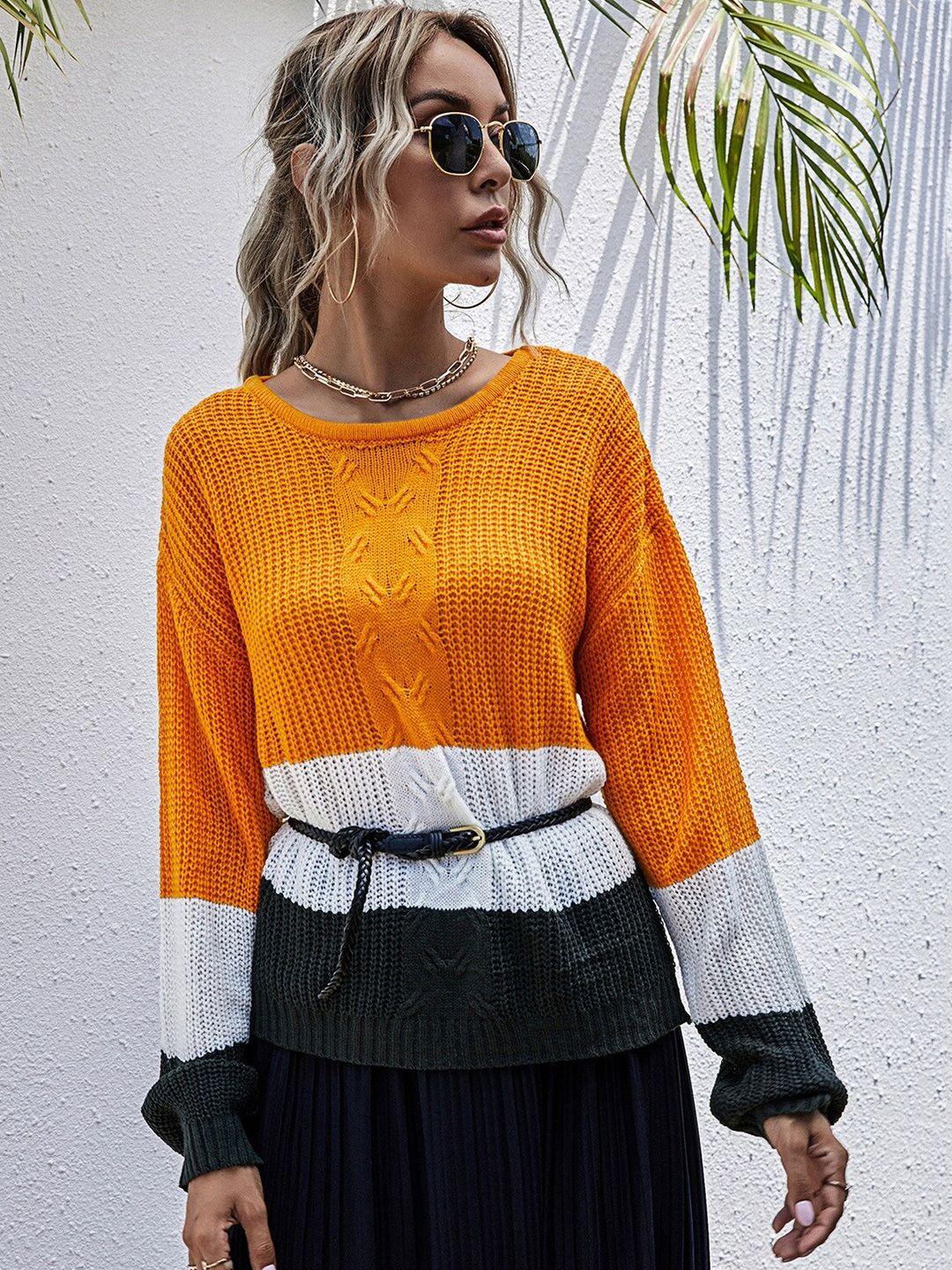 stylecast mustard yellow & white colourblocked drop-shoulder sleeves round neck pullover