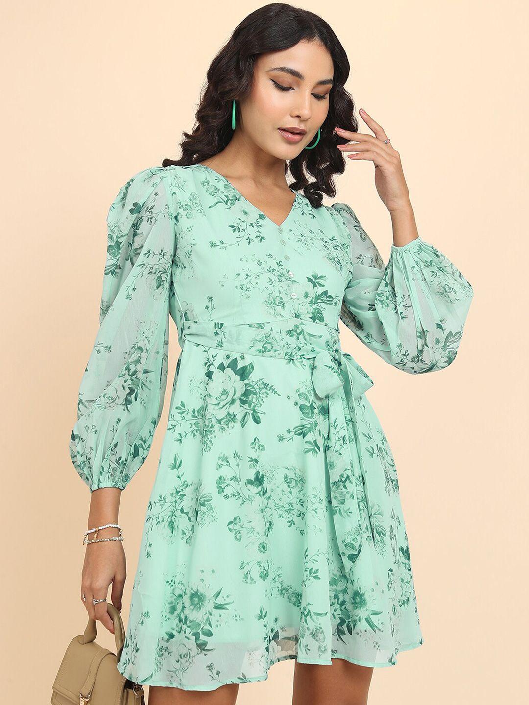 tokyo talkies green floral printed fit & flare mini dress