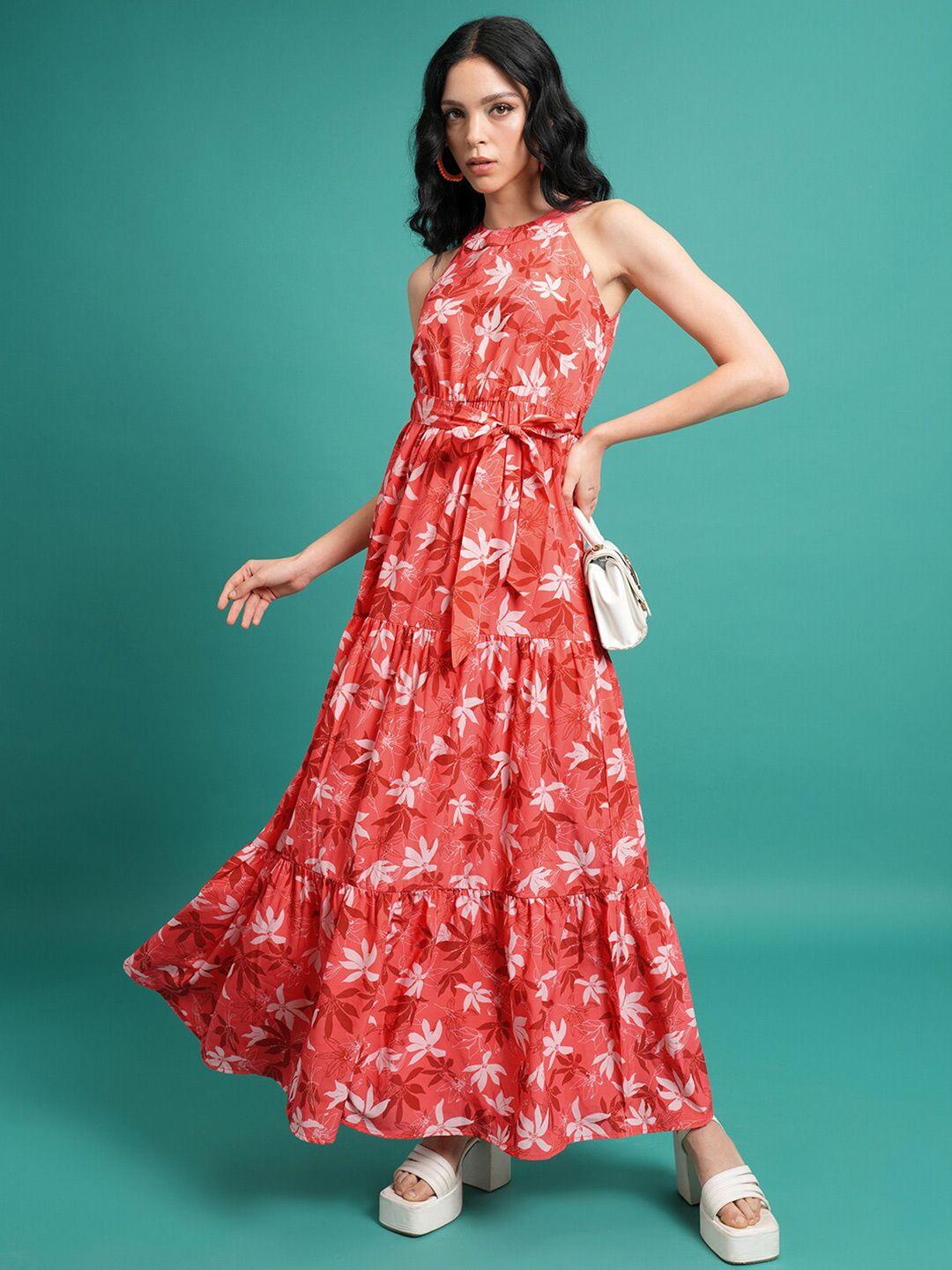 tokyo talkies red floral printed halter neck tie up maxi dress