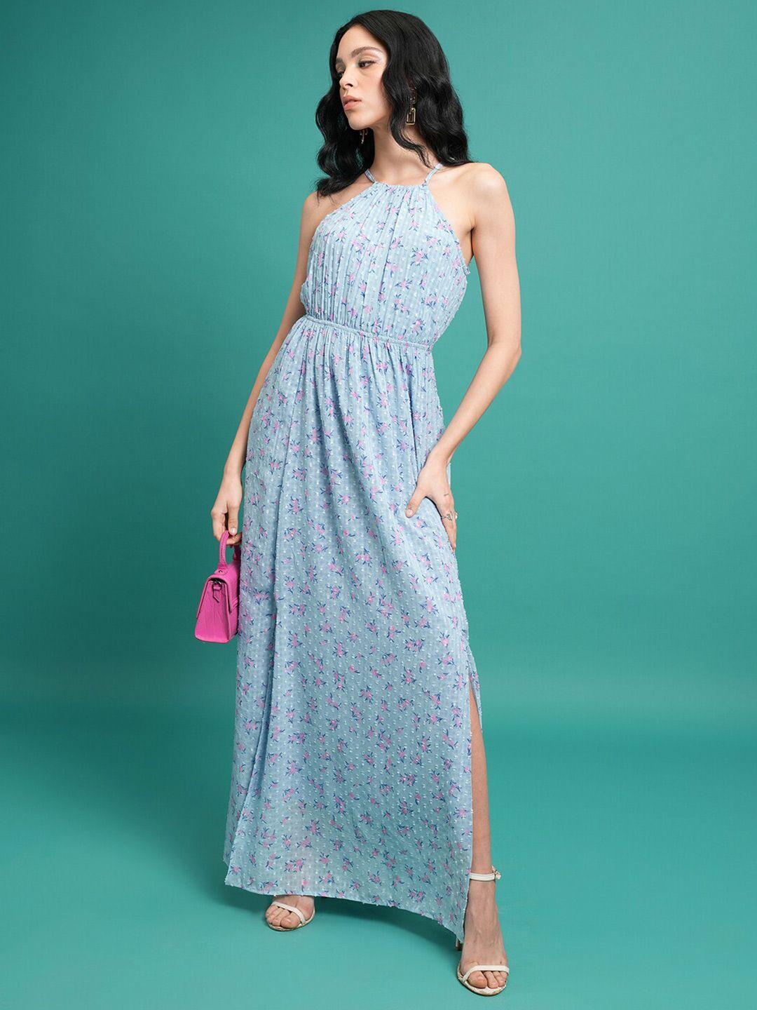 tokyo talkies blue floral printed halter neck maxi dress