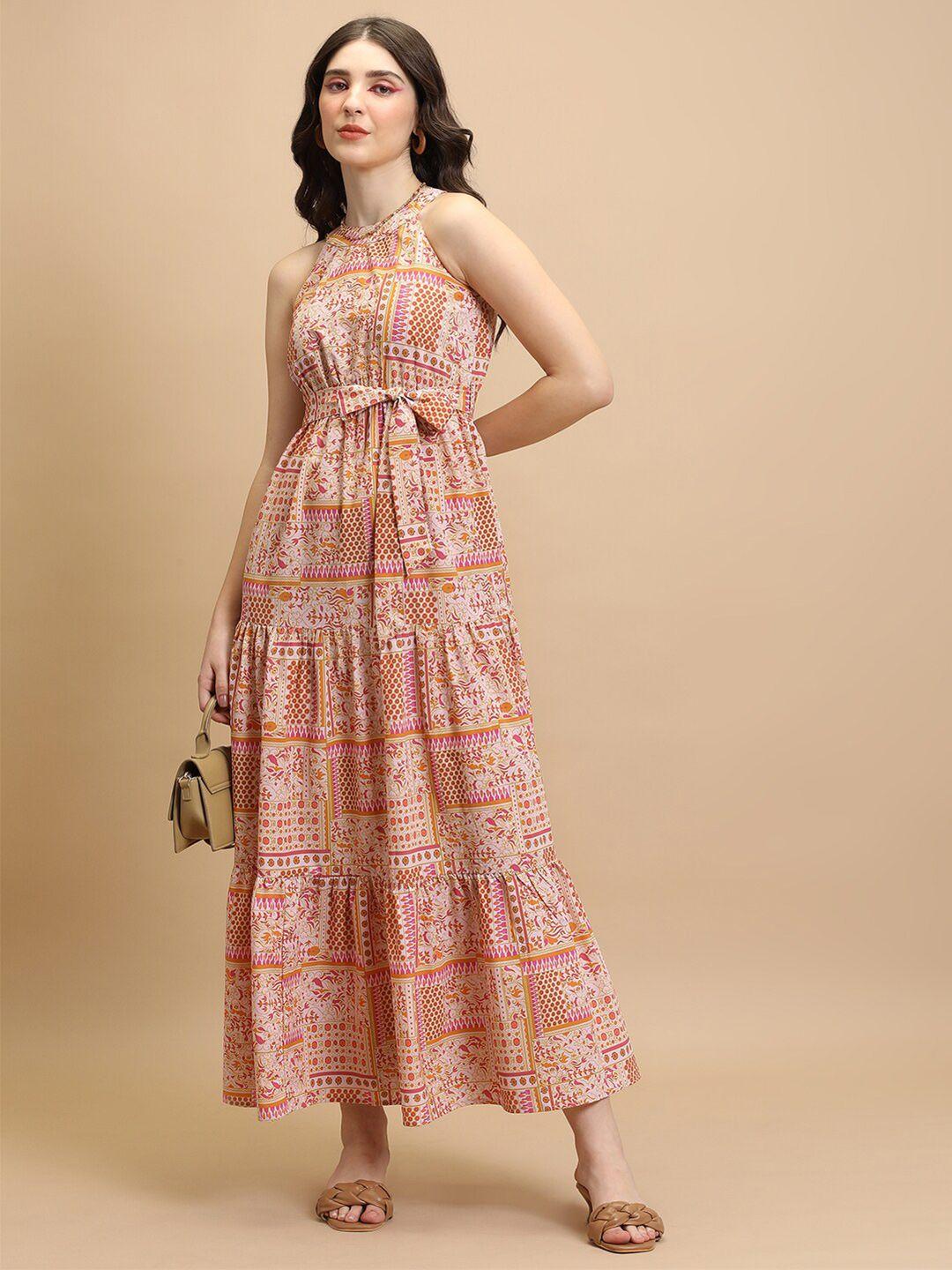 tokyo talkies pink ethnic motifs printed halter neck maxi dress with belt