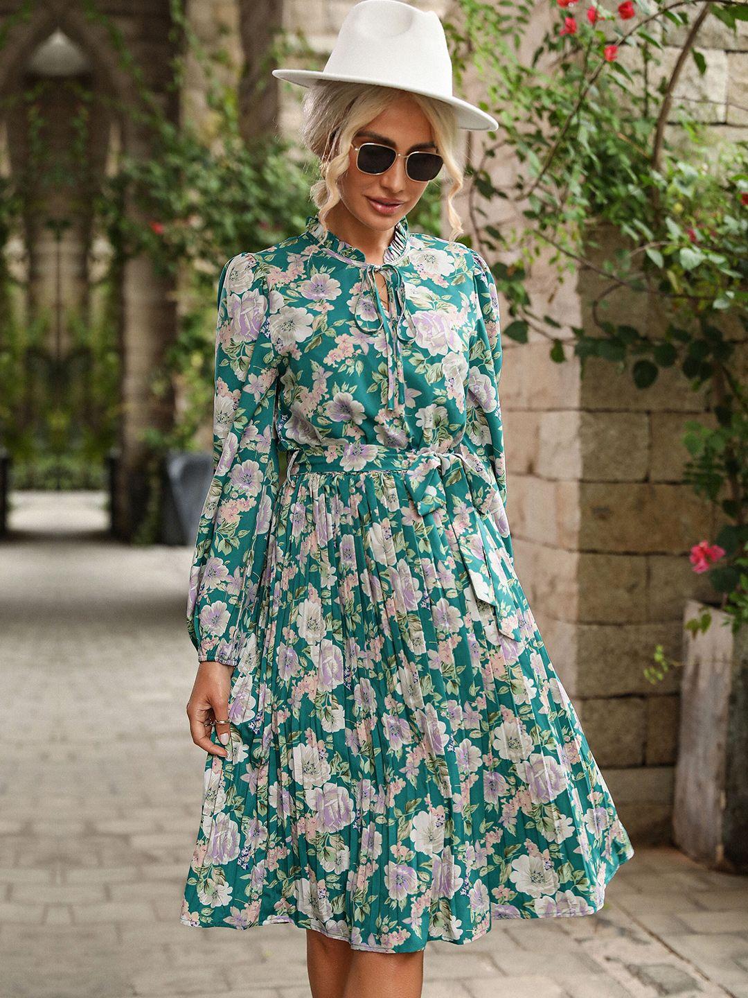 stylecast green floral printed pleated fit & flare dress