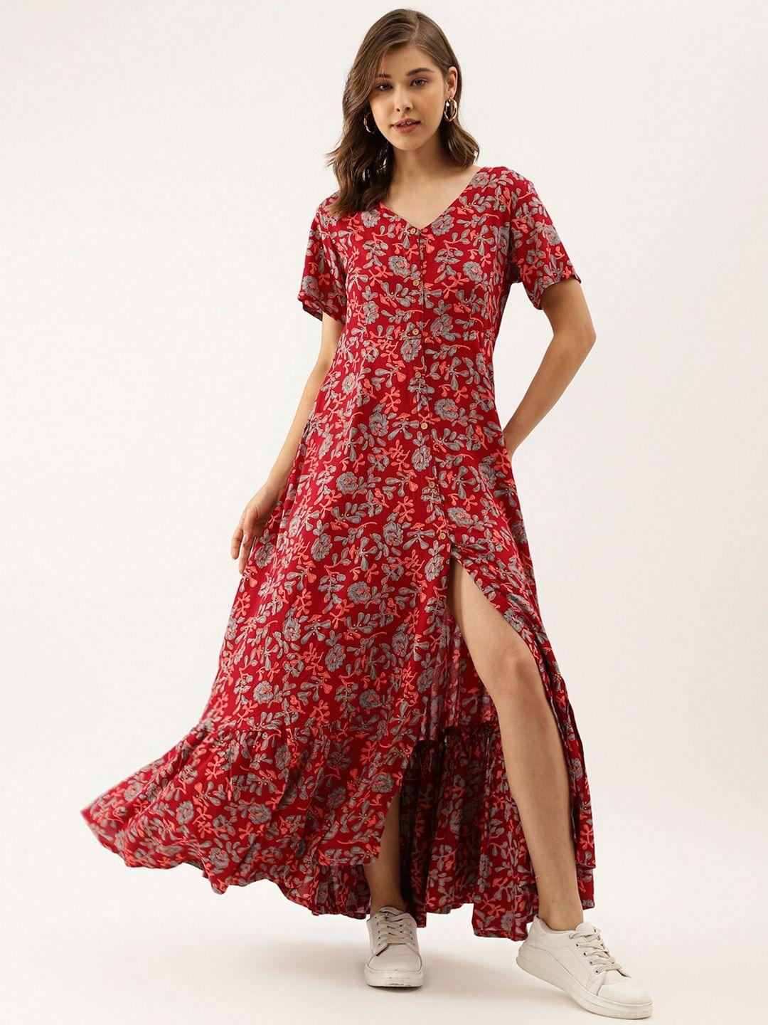 kalini floral printed ruffles cotton fit & flare maxi ethnic dress