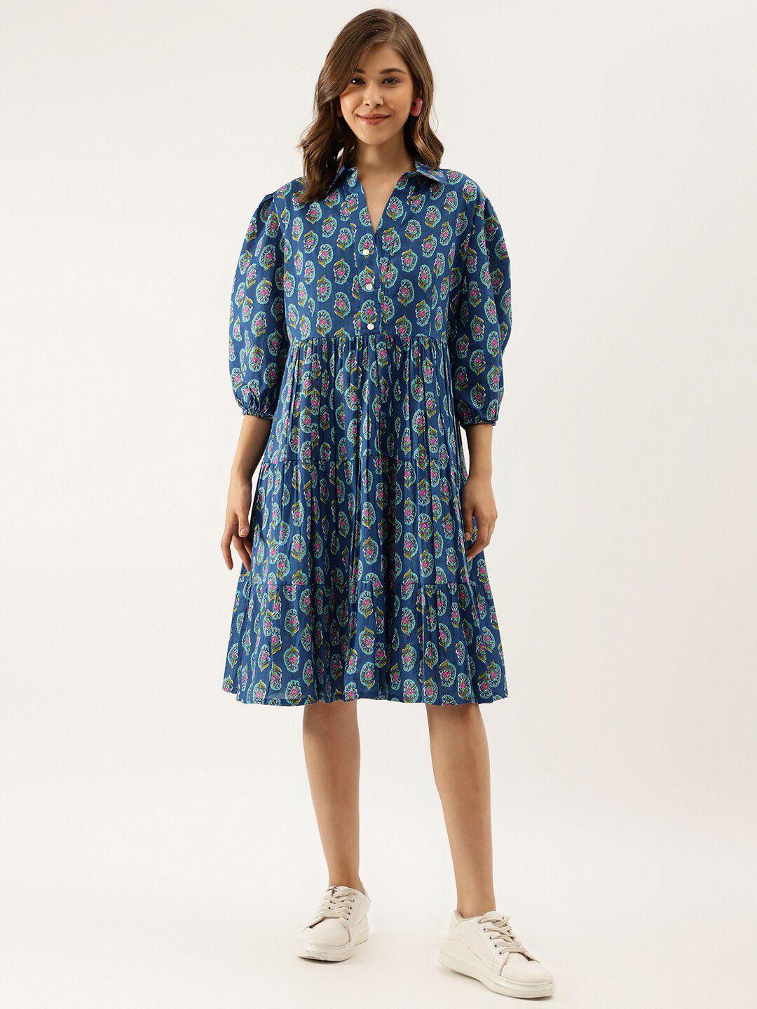 kalini floral printed puff sleeves gathered cotton shirt dress