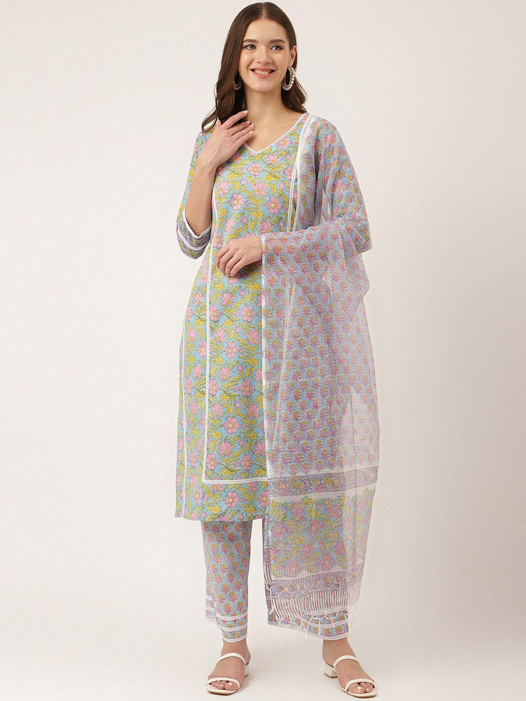 kalini floral printed pure cotton straight kurta & trousers with dupatta