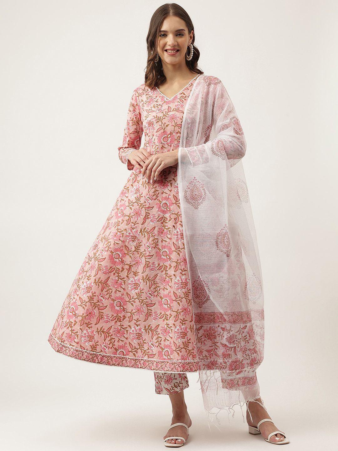 kalini floral printed pure cotton anarkali kurta & trouser with dupatta