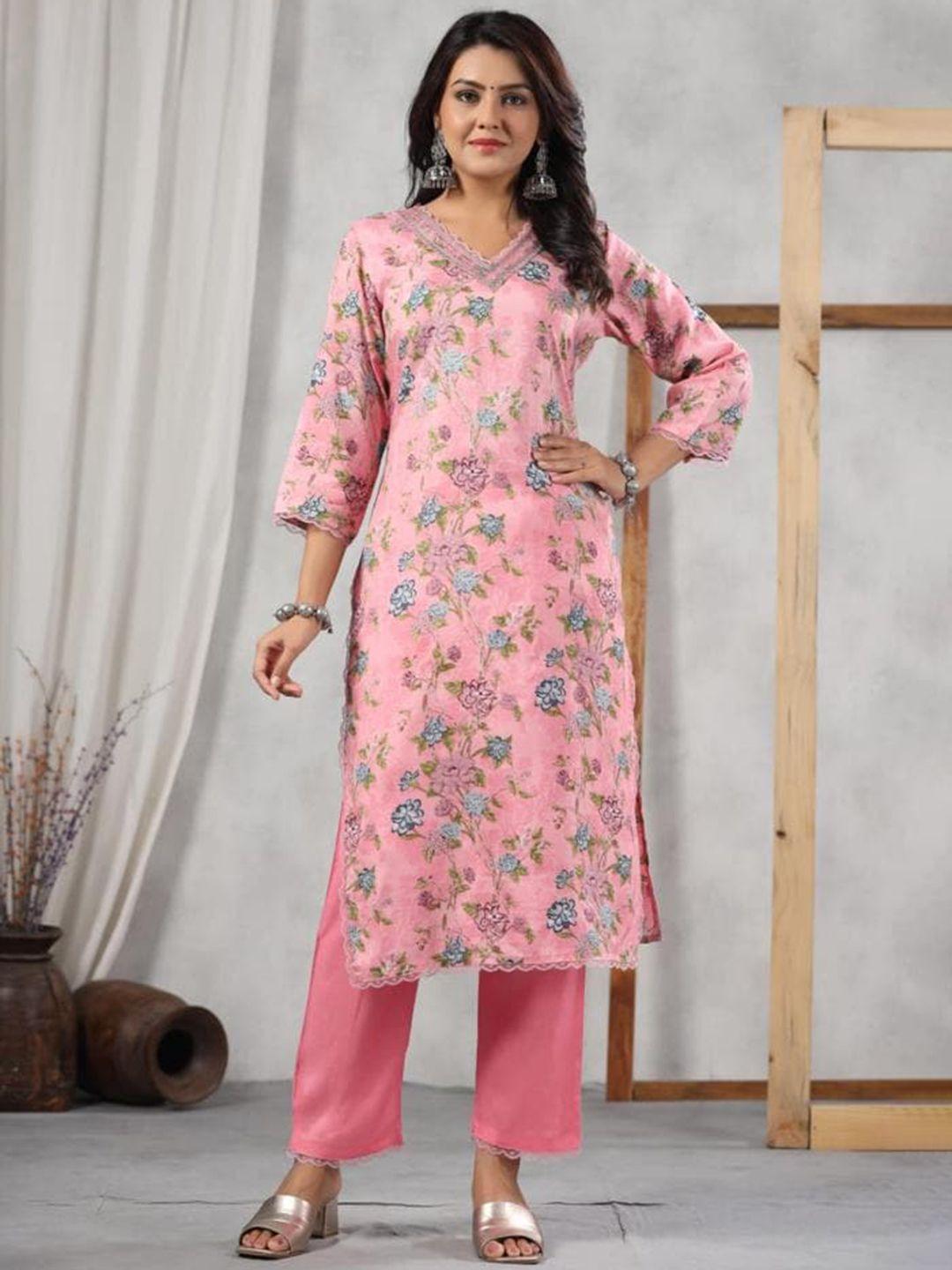 advya floral printed thread work kurta with trousers