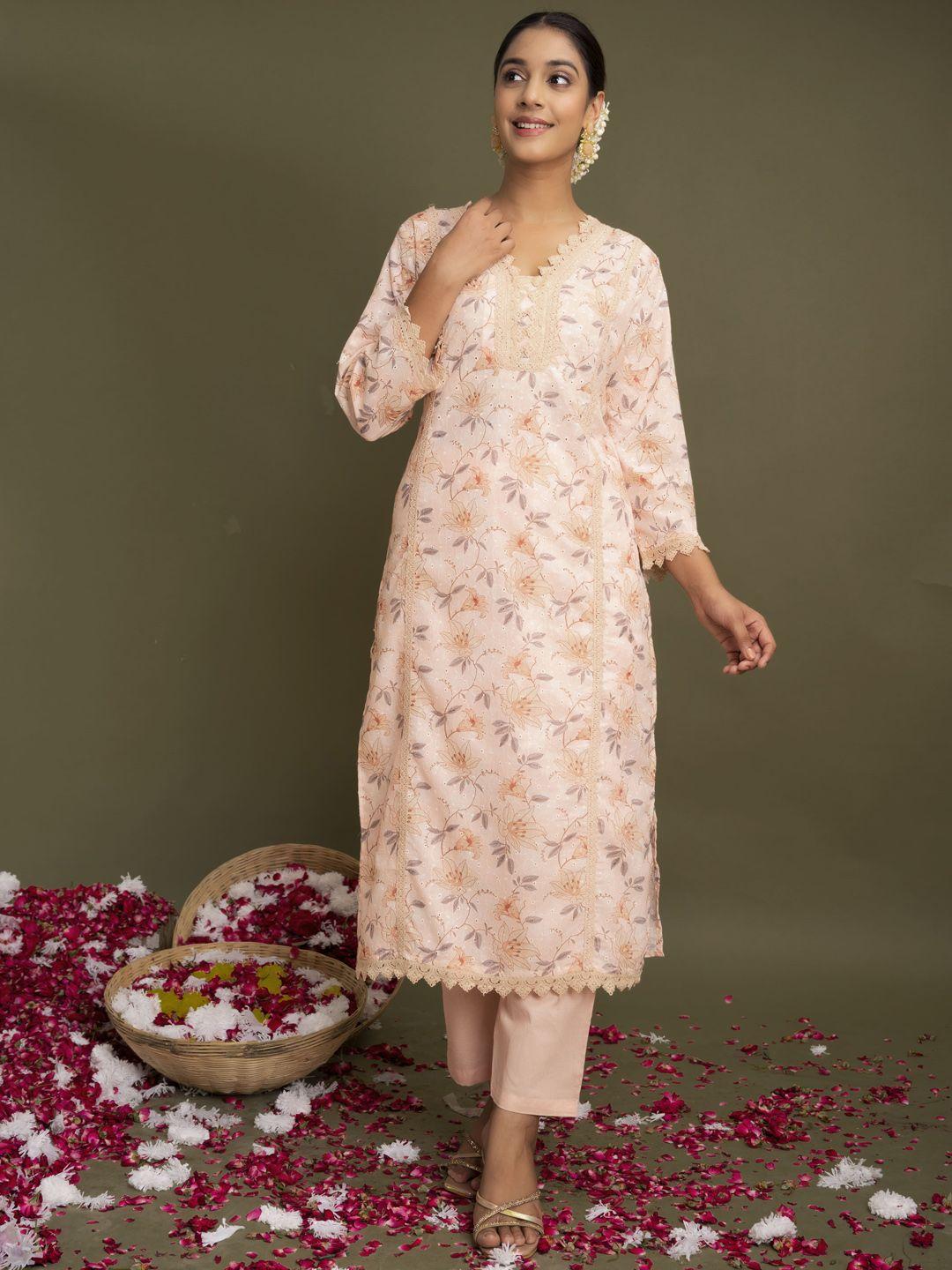 advya floral printed v-neck pure cotton schiffli straight kurta with trouser