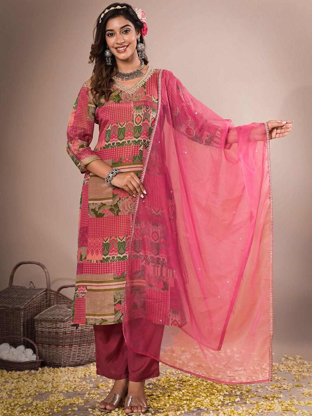 advya ethnic motifs printed v-neck zari kurta with trousers & dupatta