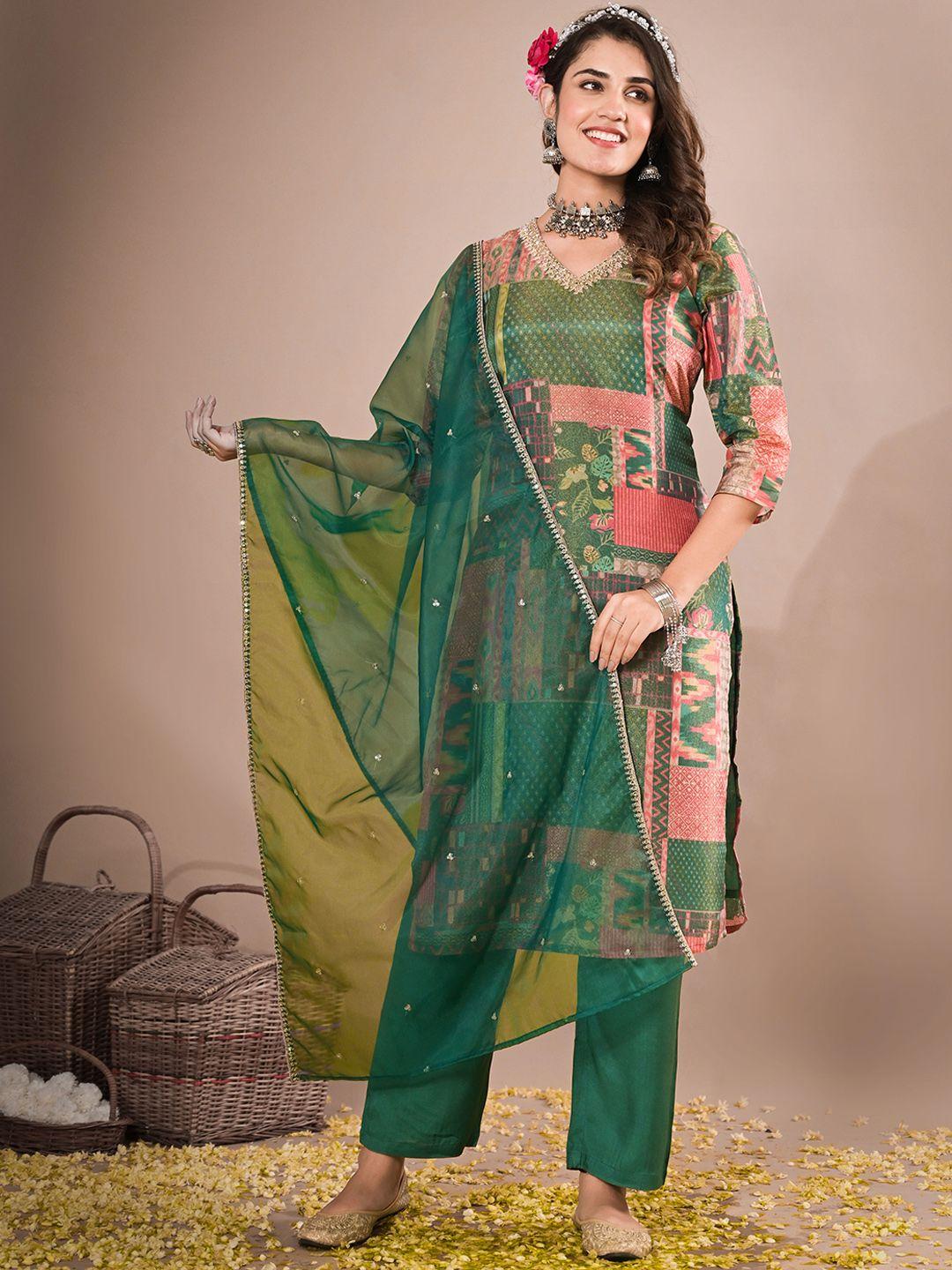 advya printed thread work kurta with trousers & dupatta