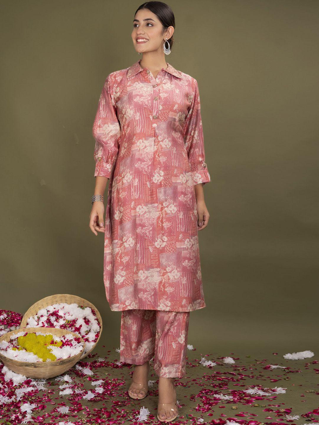 advya floral printed shirt collar beads and stones straight kurta with trouser