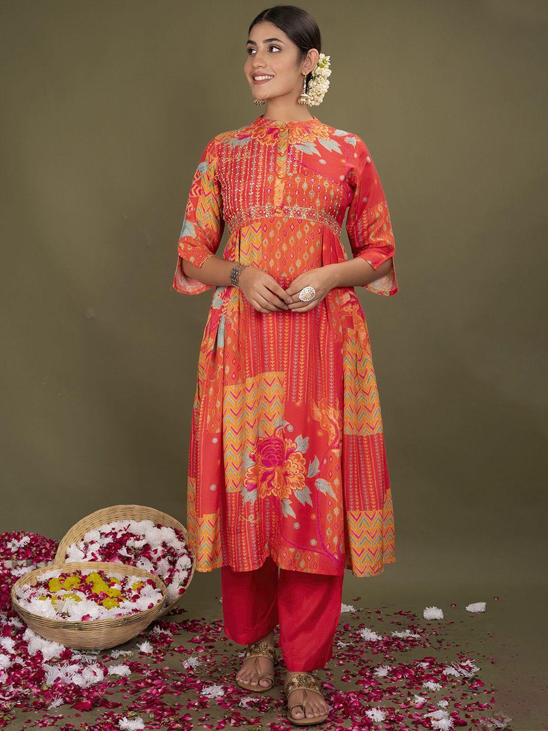 advya floral printed mandarin collar beads and stones a-line kurta & trouser with dupatta