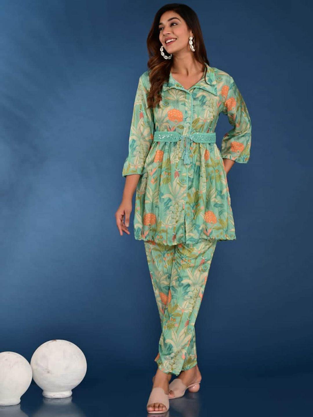 advya floral printed shirt collar pastels tunic with trousers with belt