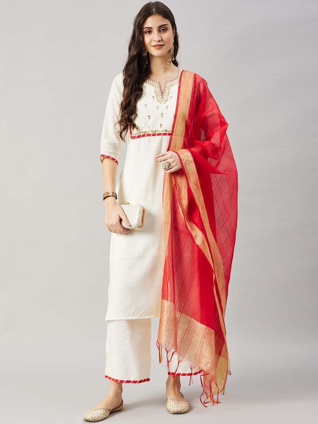 winered yoke design gotta patti pure cotton kurta with trousers & dupatta