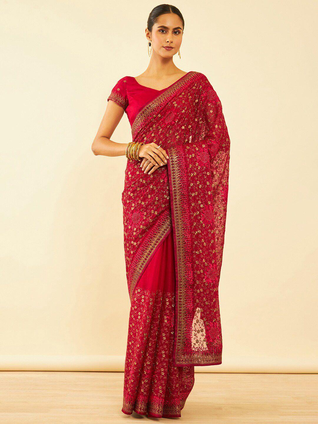 soch floral embroidered zari pure chiffon saree