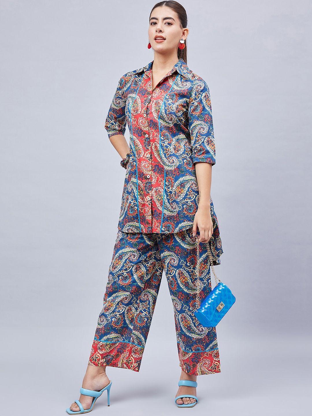 winered printed pure cotton tunic with trousers