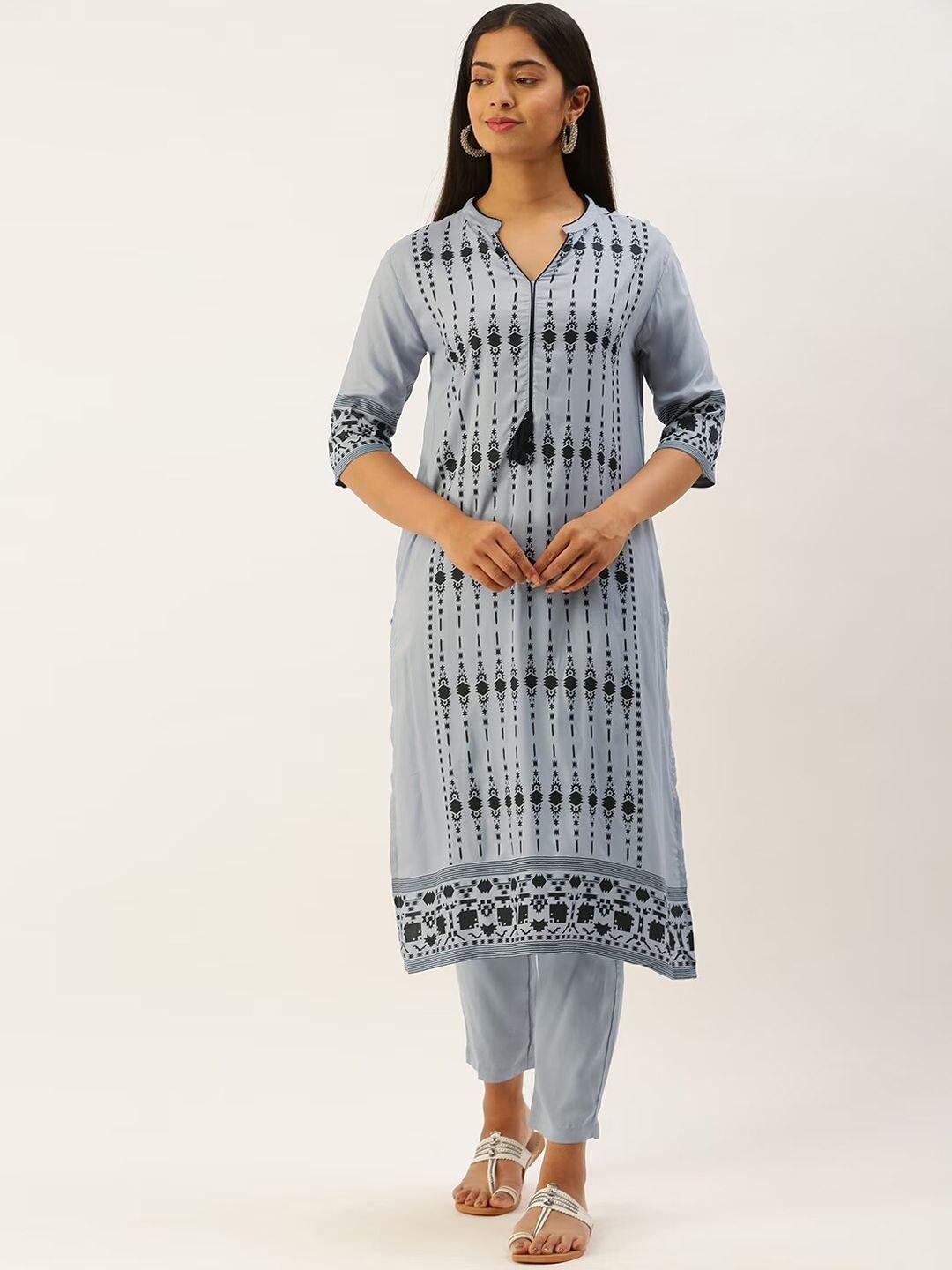 instafab ethnic motifs printed mandarin collar straight kurta with palazzos